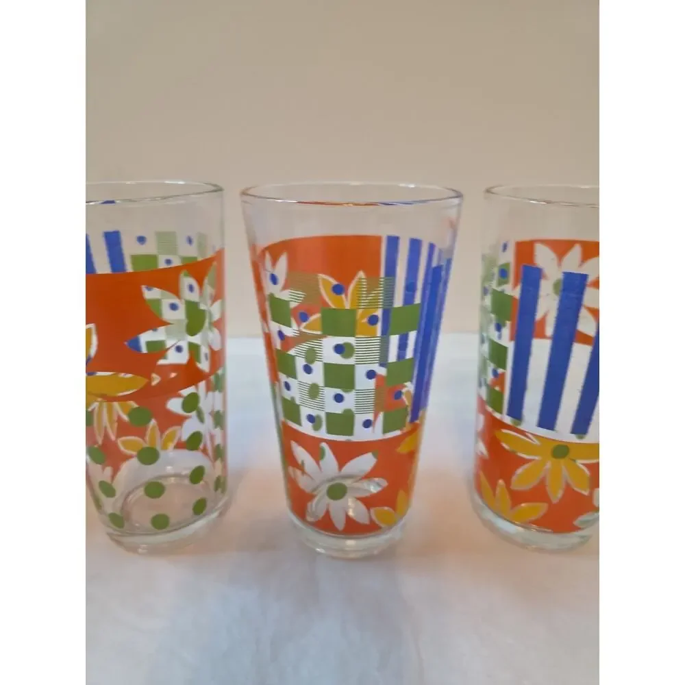 Vtg KIG Vertical Stripe Blue Green Clear MCM Drinking Glasses 12 oz Retro Kitsch